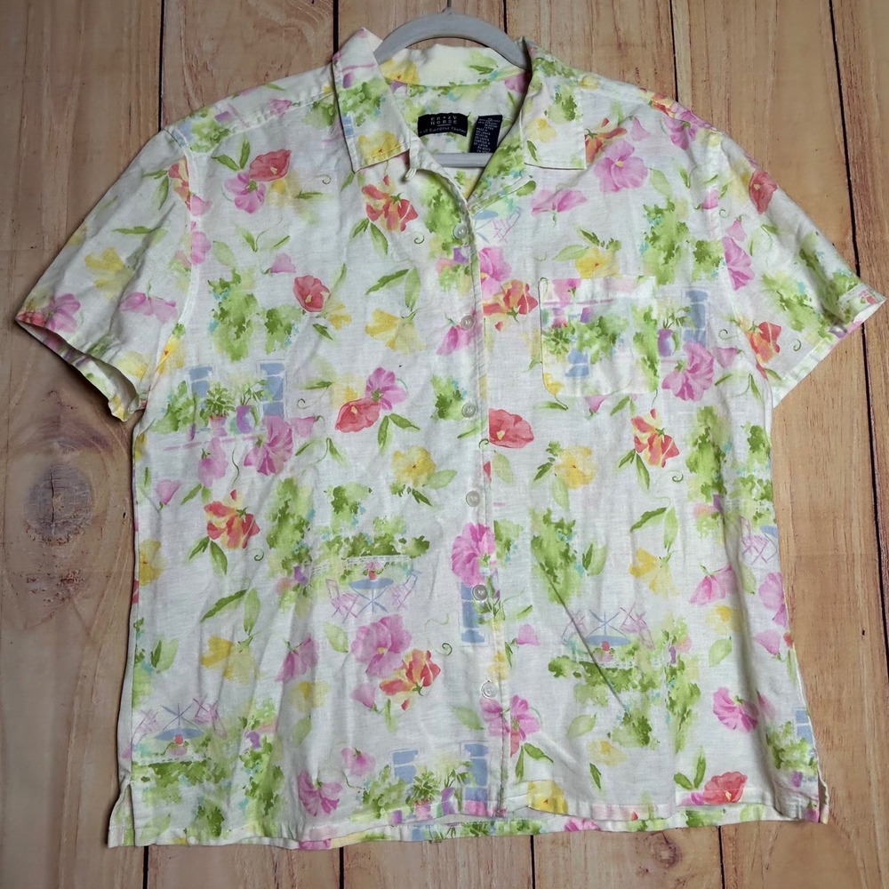 Crazy Horse Button Up Shirt Womens XL White Floral‎ Linen Cotton Cottagecore